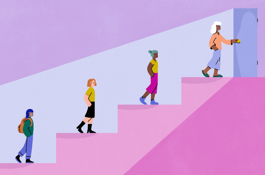 Four figures walk up a pink staircase towards a blue door. Each increases in age as the ascend the staircase.