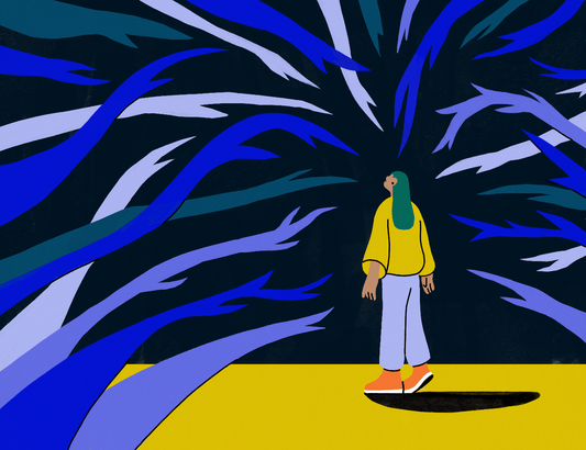 A person with long green hair has their back to the viewer. They look up at ominous blue shapes swirling around them against a black background.